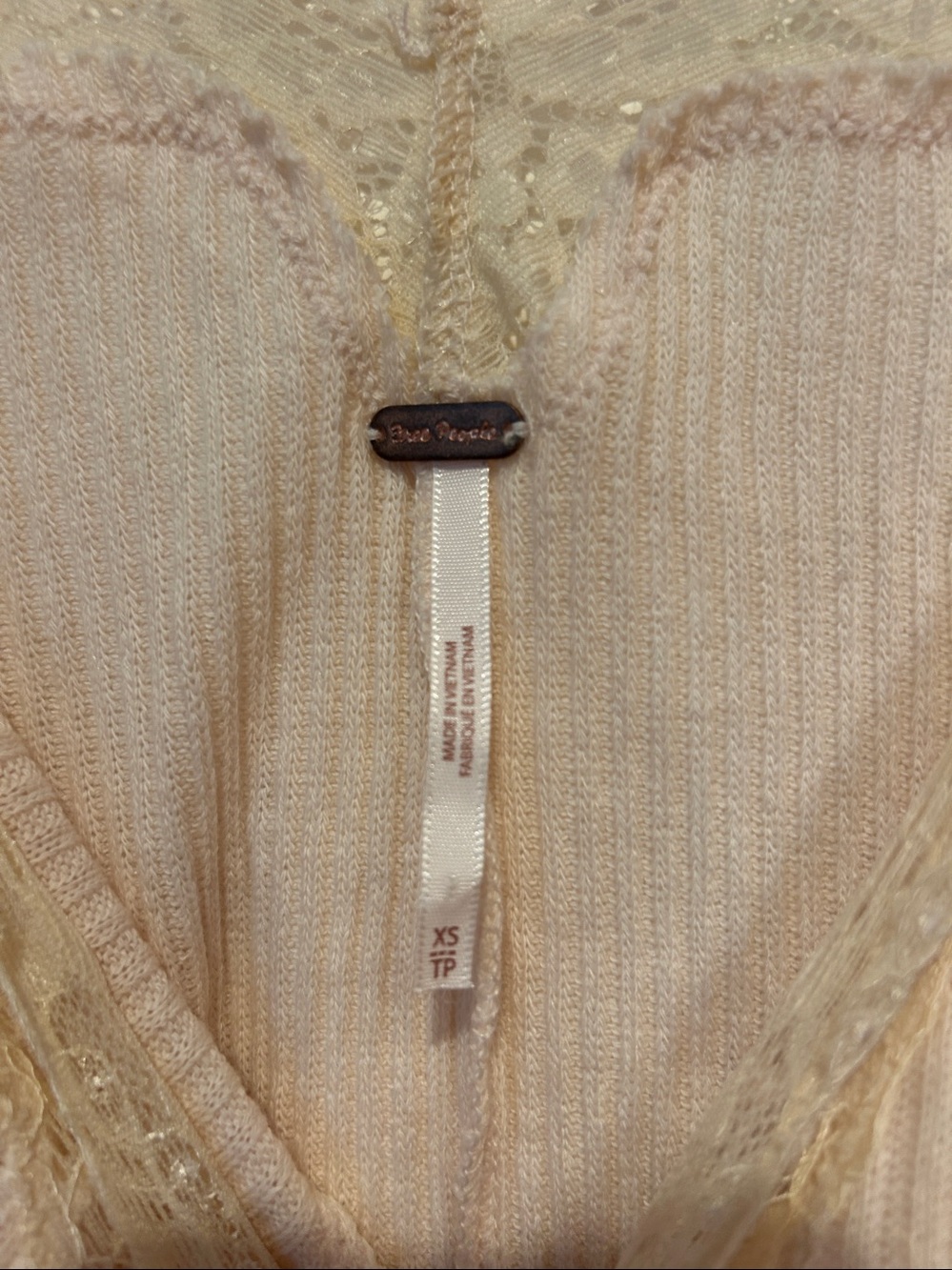 Free People Cream Ribbed Lace-Trim Long Sleeve Top - Picture 2 of 3